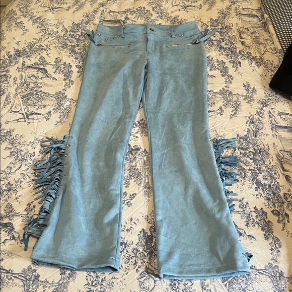 Blue Suede Fringe Rhinestone Pants size Large - Picture 2 of 9